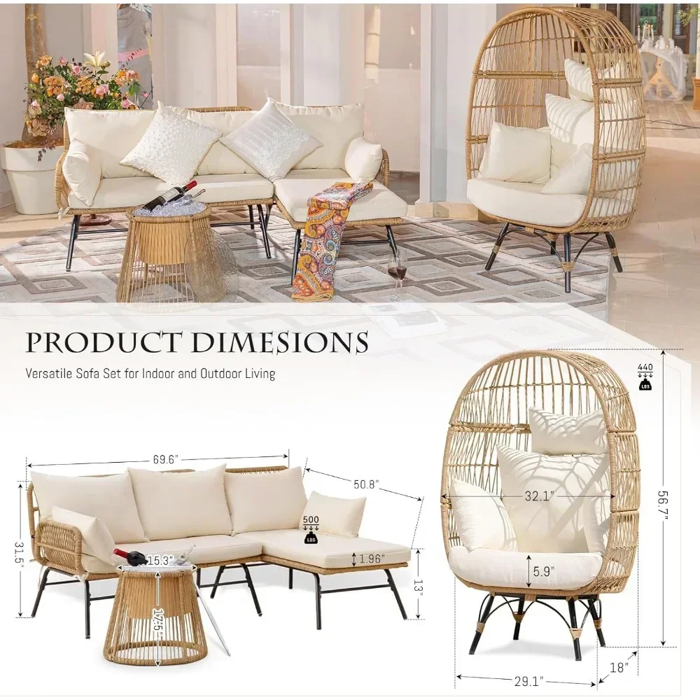 4-piece Bohemian Outdoor Furniture Set with Egg Chair and Ice Bucket, Small L-shaped Willow Conversation Segmented Sofa Set 4
