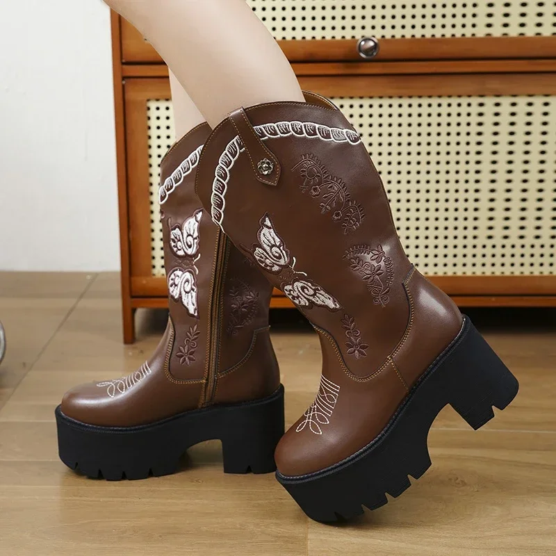 

Women's Boots 2023 New Fashion Round Toed High Tube Embroidery Women's Shoes Platform Western Boots Thick Sole Women Boots