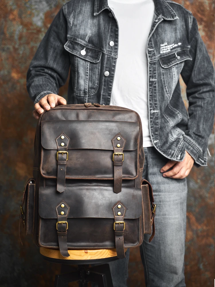 NASVA Genuine Leather Vintage Men's Backpack Outdoor Travel Backpack Laptop Hiking Bag Schoolbag For Laptop 15.6 Inch