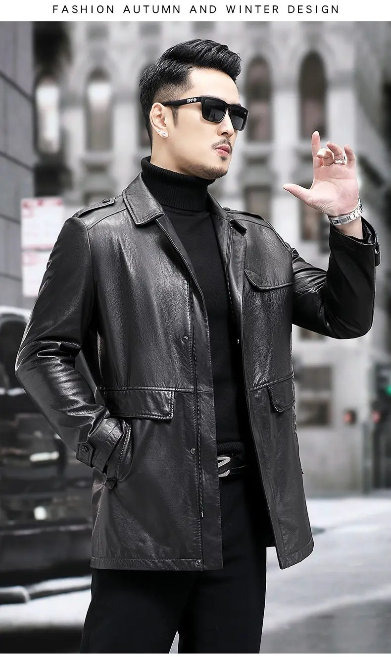 Description Picture 5 of itemTcyeek 100% Top Layer Cowhide Real Leather Jacket Men Spring Fall New Mens Leather Jackets High-end Mid-long Trench Coat Fashion