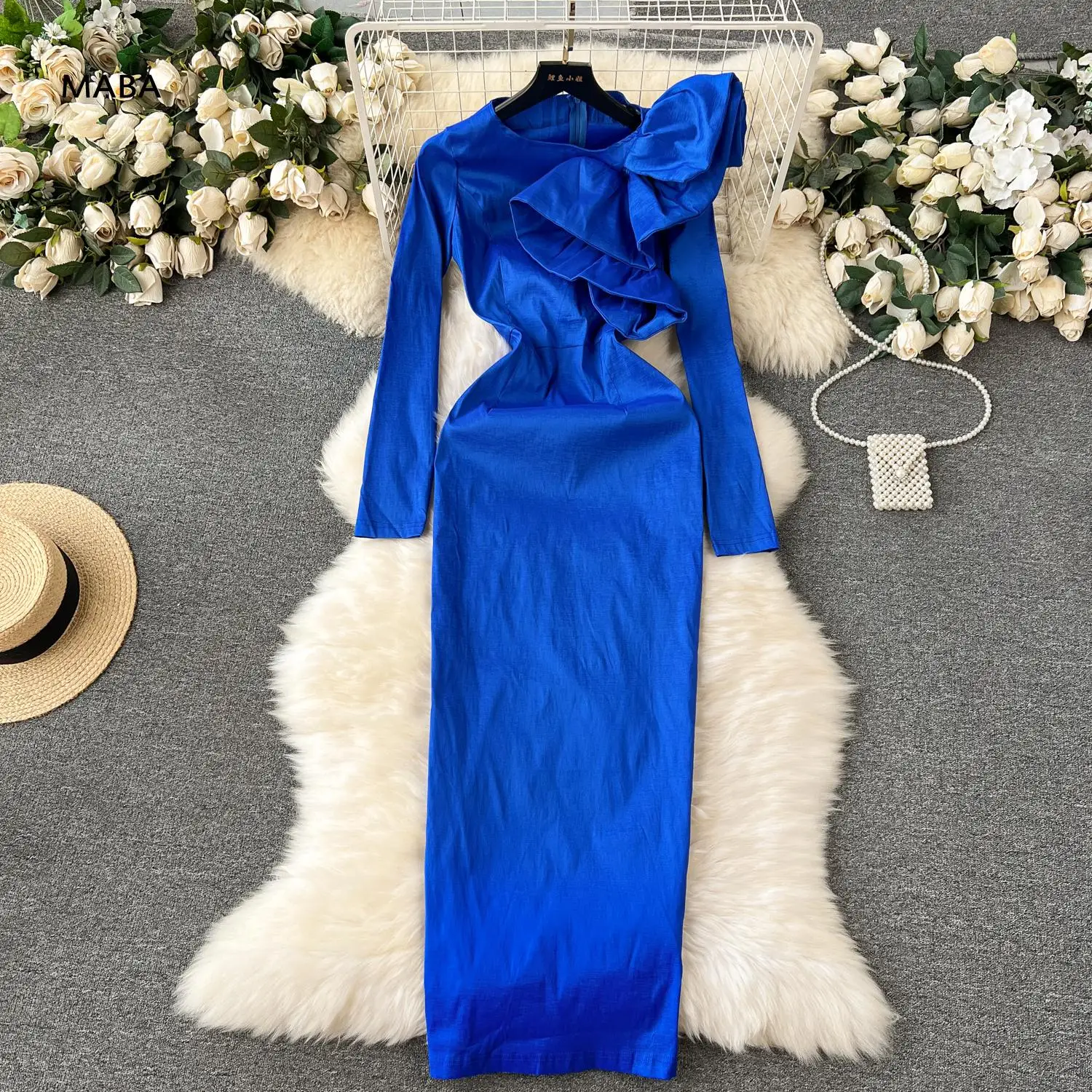 

Women Formal Blue Party Maxi Dresses Elegant O-Neck Long Sleeves 3D Bow RUFFLES Appliques Fashion Designer Pencil Evening Dress