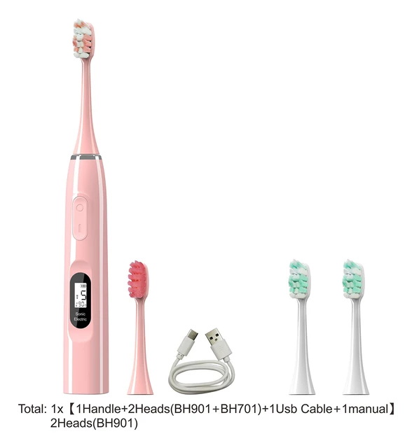 Sfeel 15 Modes LCD Screen Sonic Smart Electric Toothbrush Adult Timer USB Type C Rechargeable IPX7 Waterproof Whitening Pink-4 heads