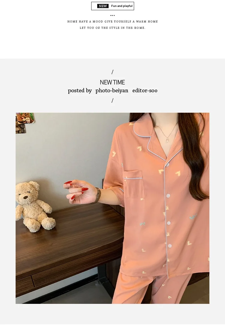 Neu eingetroffen: Damen-Pyjama-Set mit Instagram-tauglichem Herz-Print – Luxuriöses Sommer-Loungewear-Set mit kurzärmeligem Oberteil und langen Hosen – Detail 4