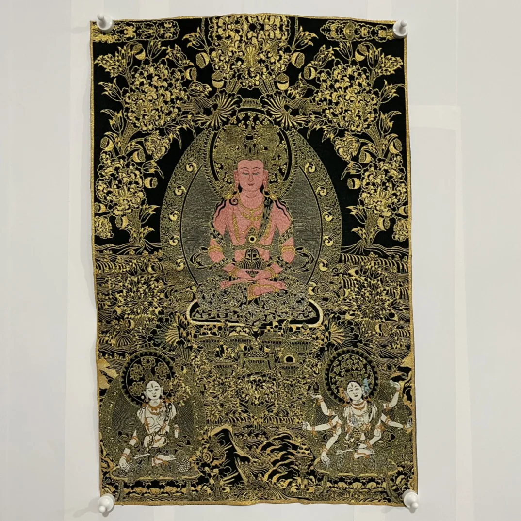 

35"Thangka embroidery Tibetan Buddhism silk Embroidery Longevity Buddha Mother Zundi Tara Thangka hanging screen Town house