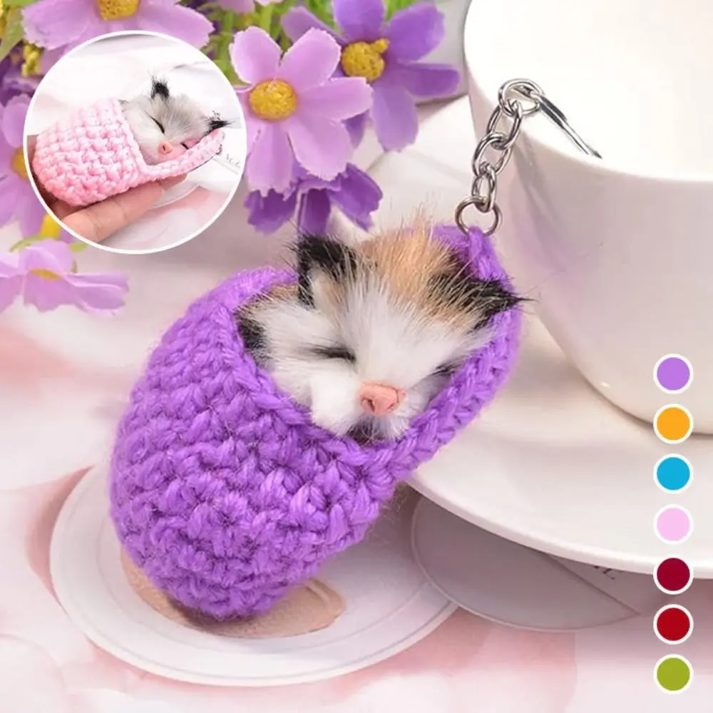 

Hand Knitted Sleeping Kitten Keychain Gift Sleeping Kitten Simulation Slipper Cat Pendant Car Keychain