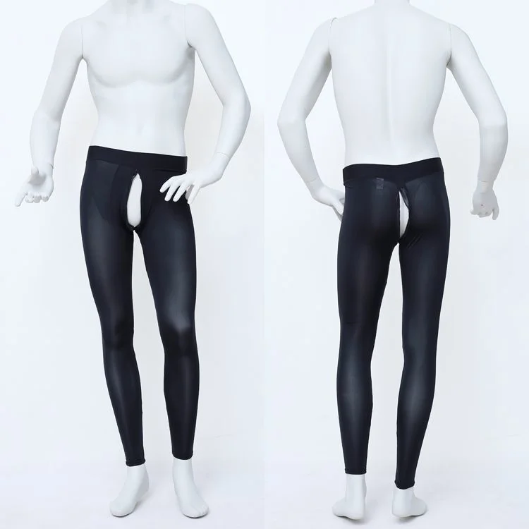 Invisible Zipper Open Crotch Sexy Mens See Through Leggings Ice Silk Ultra-thin Transparent Tight Pants Underwear