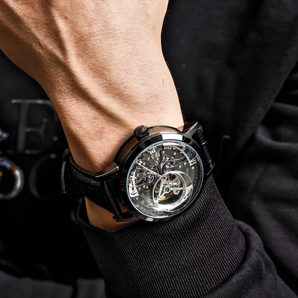 OBLVLO 腕時計　トゥールビヨン　79250318N06S Oblvlo-自動巻き時計,新しいデザイン,透明なトゥールビヨン,革