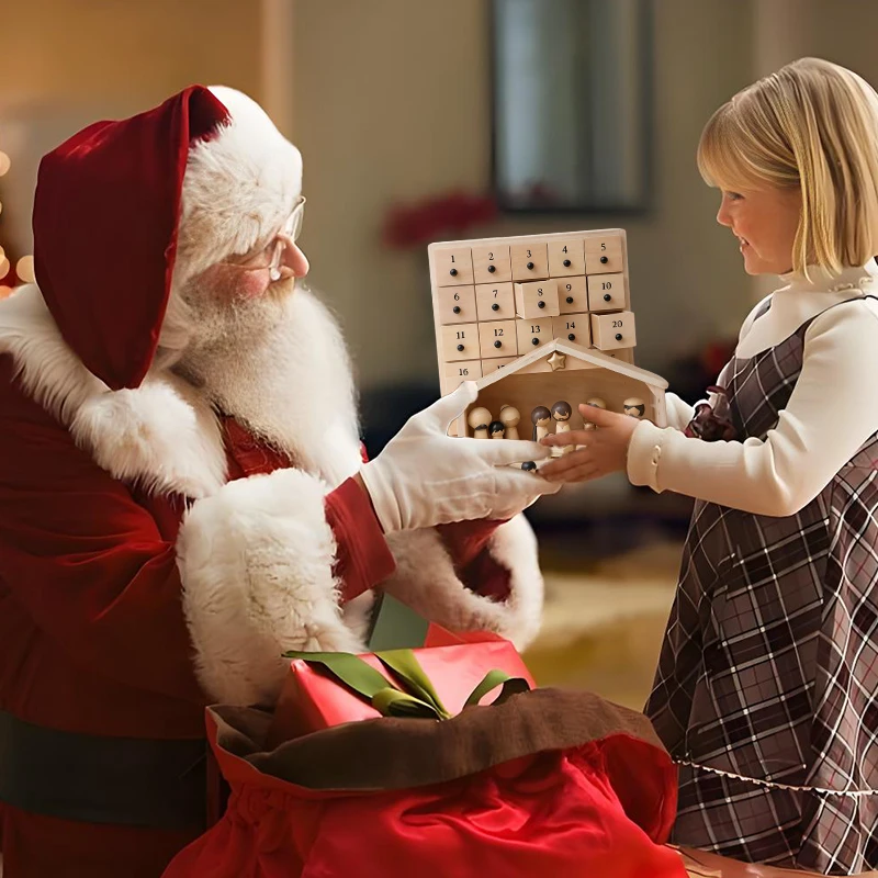 The Rescuer Nativity Advent Calendar - 25-Drawer Wooden Chest Paper Drawers & 30pcs Resin Keepsake Figurine for Kids Family Gift