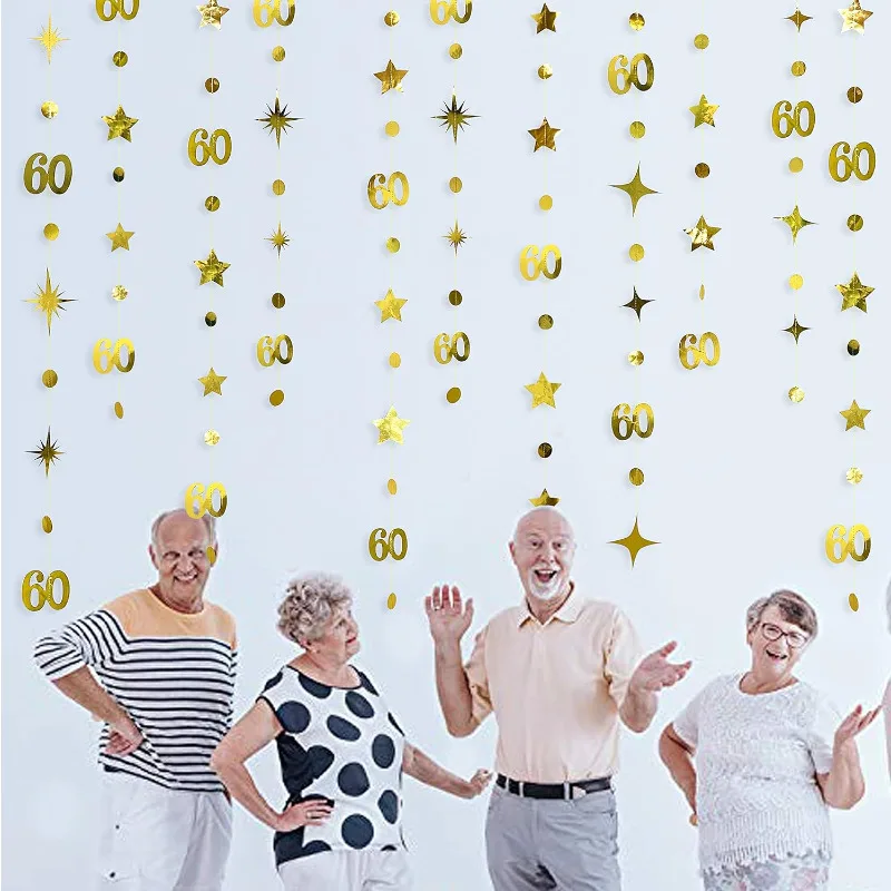 Gold 60th Birthday Decorations Number 60 Circle Dot Twinkle Star Garland Banner Backdrop for 60 Year Old Birthday Party Supplies birthday streamers,birthday banner,party decorations