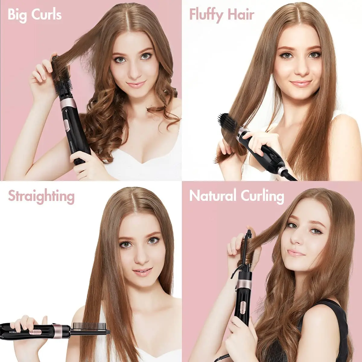 Pritech 4 in 1 Hair Blow Dryer Brush Salon Styler Kit Hot Comb for Women,Negative Ion Electric Hair Straightener Curling Irons