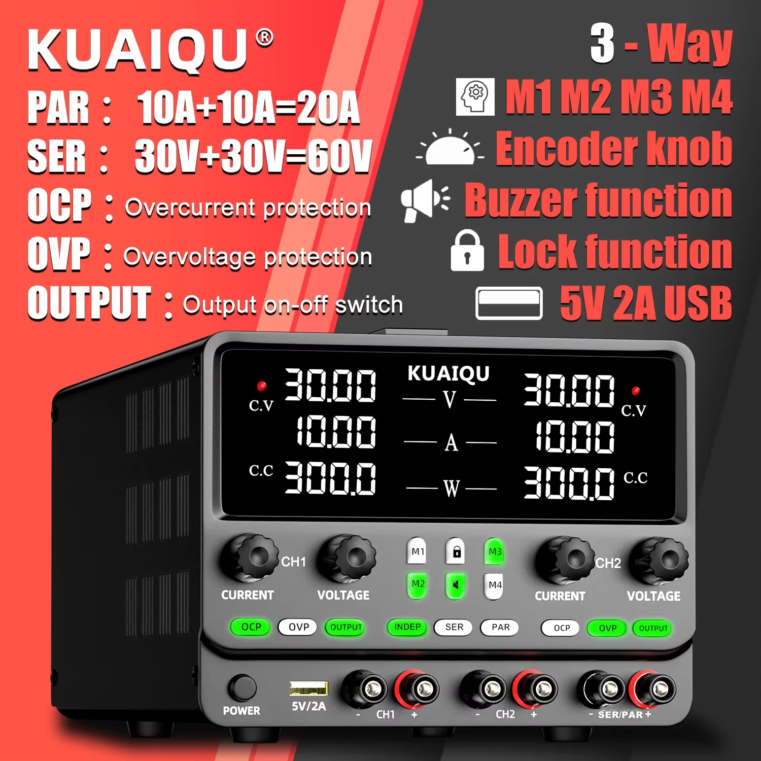 KUAIQU ใหม่ล่าสุด 30V10A Dual Channel Bench Power Supply 3-Way Series-Parallel Output Overvoltage Overcurrent ป้องกันห้องปฏิบัติการ 1