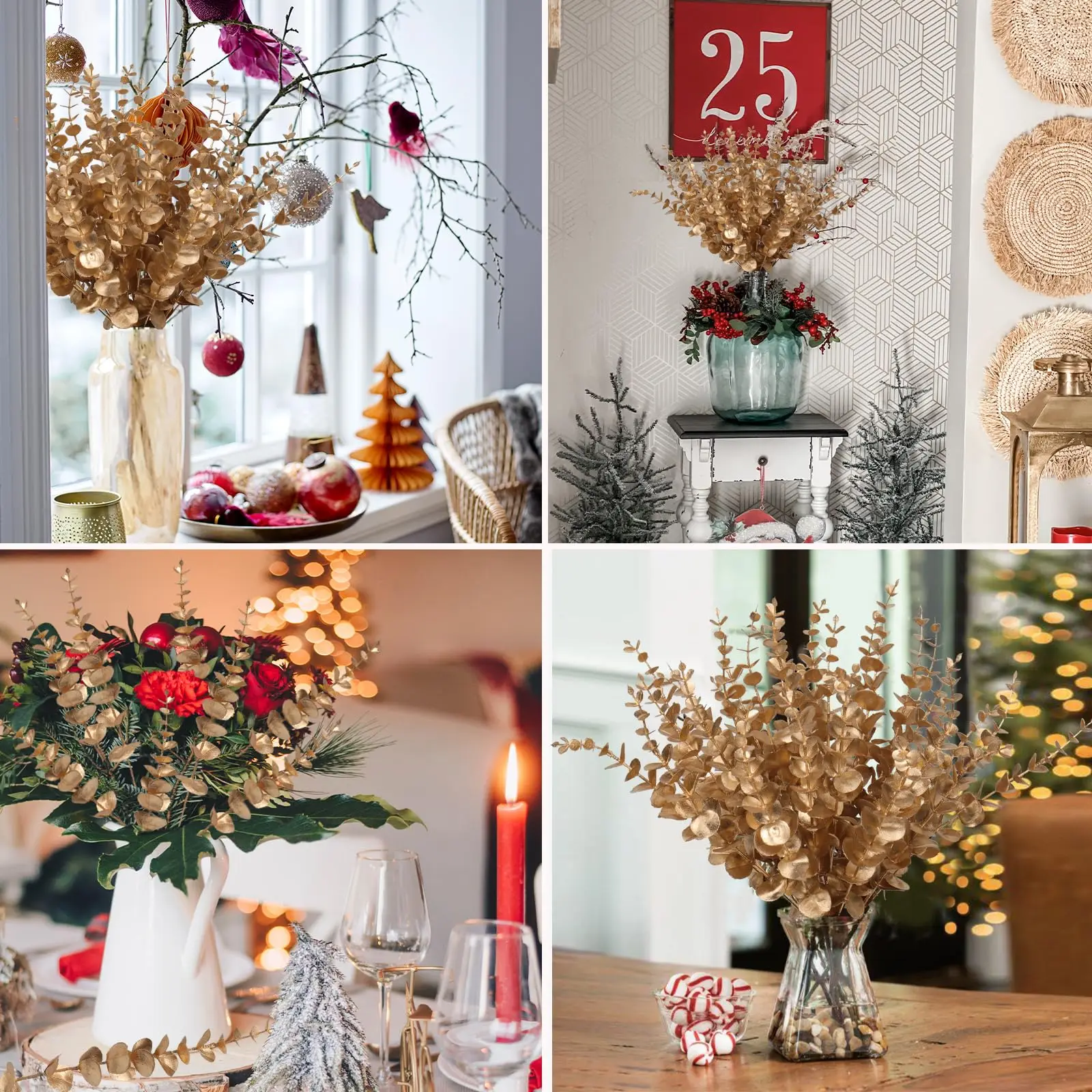 10 Stück goldene künstliche Eukalyptusstiele, Blätter, künstliche Eukalyptuszweige, 38 cm, Hochzeit, Heimdekoration, Weihnachtsgirlande, DIY-Ornament – Detail 5