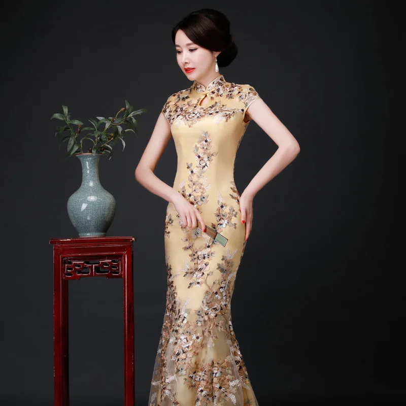 Oversize 3XL Chinese Sexy Embroidery Oriental Party Female Cheongsam Stage Show Qipao Dress Elegant Celebrity Banquet Dresses