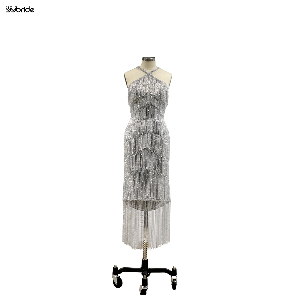 YYbride Newest Full Crystals Tassels Beading Work Halter Neck Sexy Backless Silver Cocktail Dresses Vestidos De Mujer Elegantes