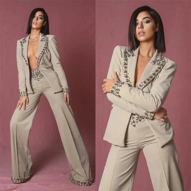 Crystal Beaded Women Suit Set 2 Piece Blazer+Pants Formal Office Lady Sexy Prom Dress Coat Jacket Splicing Color женский костюм
