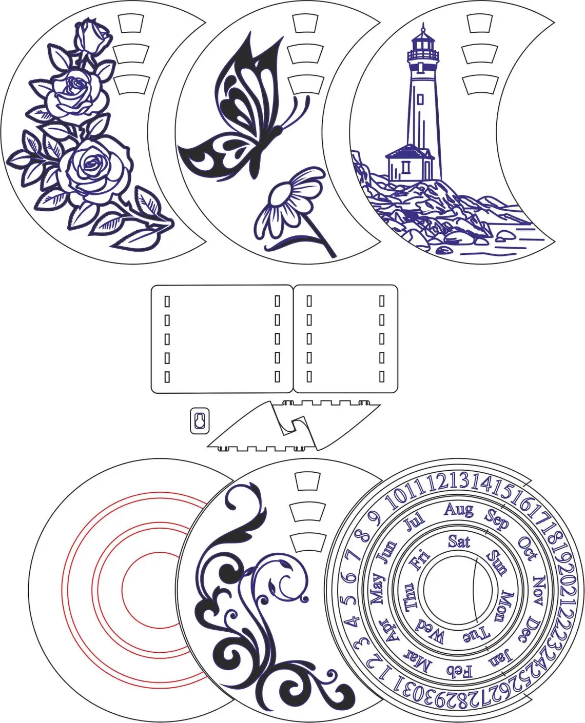 Perpetual Calendar Flower Décor Laser Cut Vector CDR DXF AI SVG EPS Files for CNC Laser/Plasma Cutting Printing band saw machine