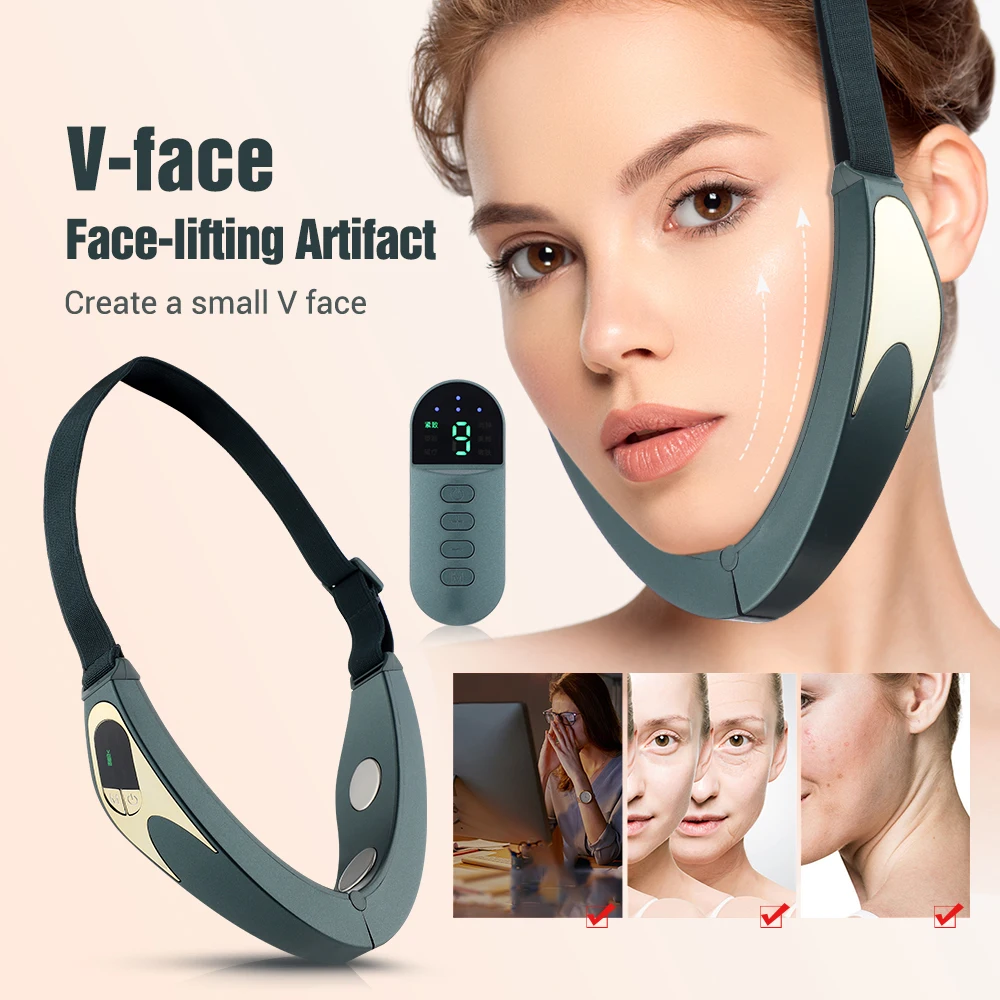 A woman wearing a V-line facial contouring and tightening, and lifting strap device.