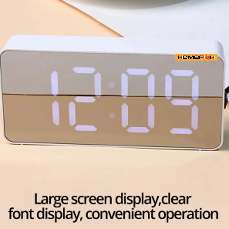 Orologio Da Scrivania Con Specchio LED – Sveglia Digitale Con Temperatura E Data, Funzione Snooze, Alimentazione USB/Batteria, Bianco
