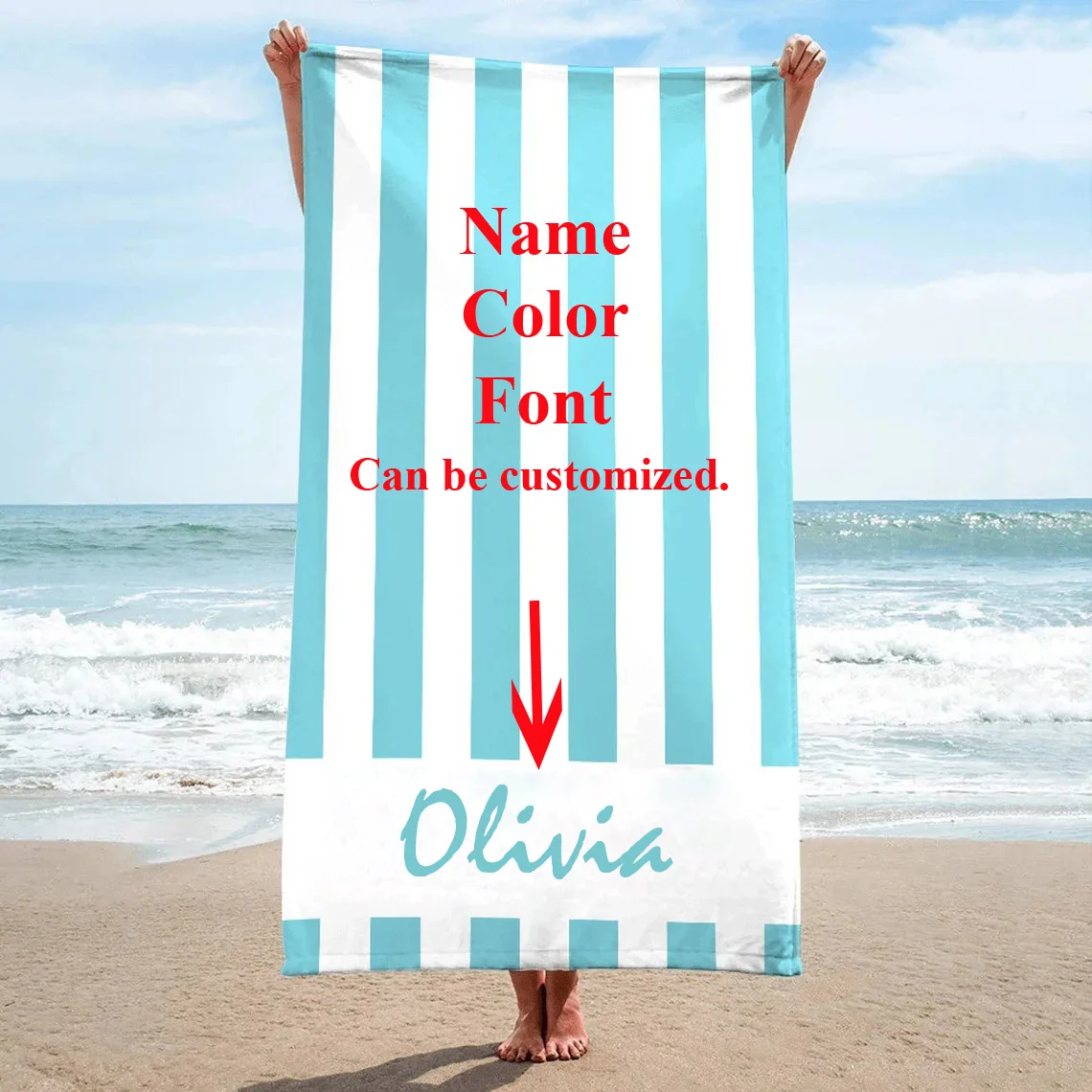 PersonalizedStripedBeachTowelCustomNameTextLogoImageSurfSwim