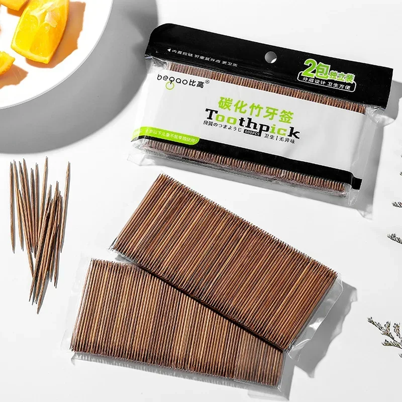 200 Pcs Disposable Carbonized Bamboo Toothpicks Supermarket Hotel Household Portable Single Head Toothpicks Fruit Toothpicks