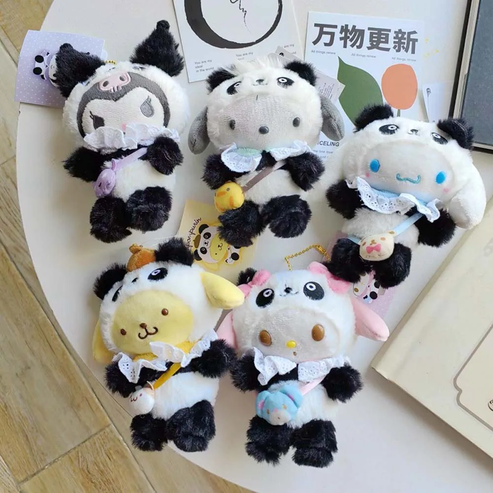 

12cm Sanrio Kawaii Panda Cos My Melody Kuromi Cinnamoroll Purin Dog Plush Toy Anime Stuffed Keychains Small Pendant