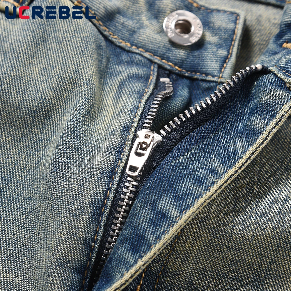 Washed Mud Yellow Denim Pants Mens High Street Scratch Loose Flared Pants Men Distressed Jeans