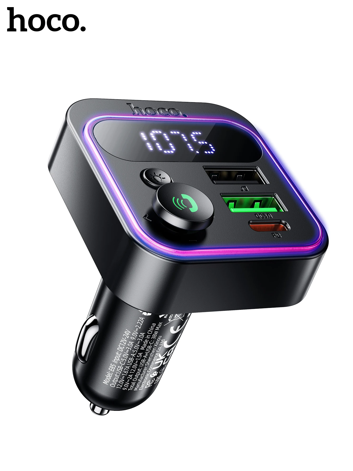 HOCO E85 20W Bluetooth 5.4 Car FM Transmitter with PD20W & QC3.0