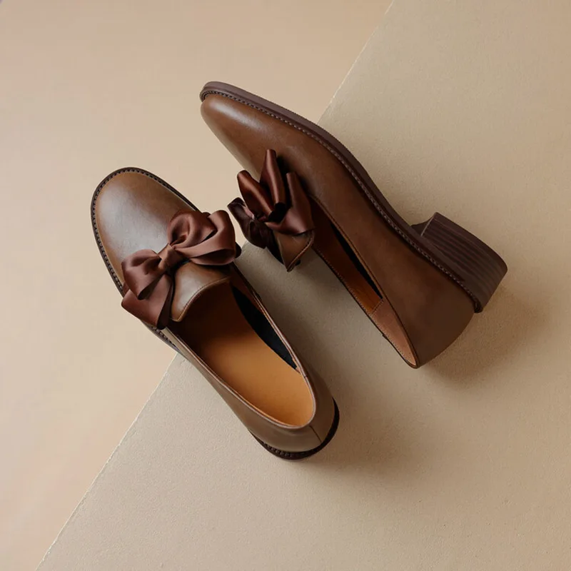 

Женские туфли-Лоферы Phoentin из натуральной кожи с бантом-бабочкой, 2024, Ретро стиль, Повседневные Удобные туфли на среднем каблуке, женские туфли с круглым носком FT3266