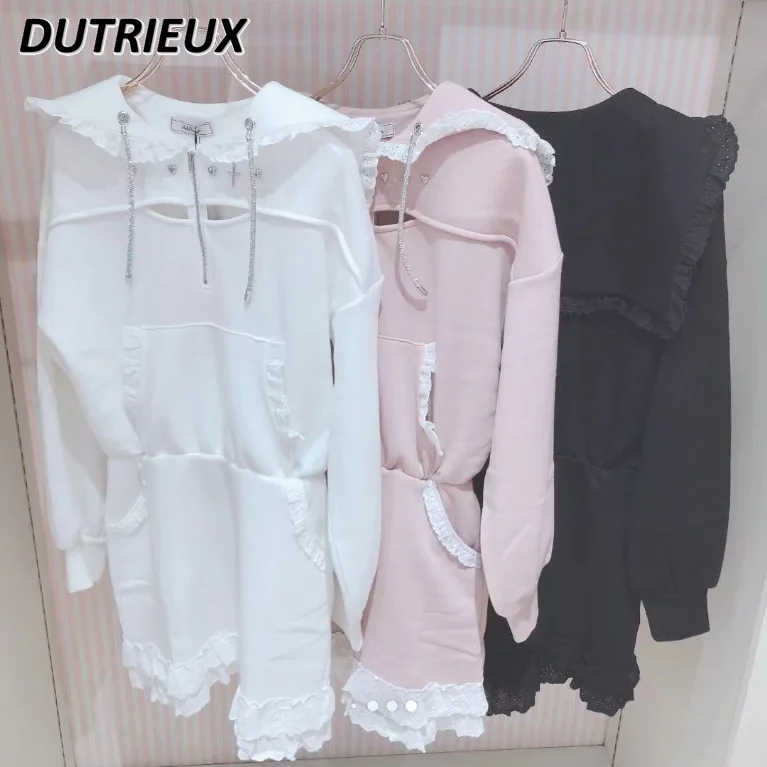 

Fashion Spring Autumn Women's Dresses Japanese Style Lady Lace Sailor Collar Rhinestone Drawstring Long Sleeve Dress Female