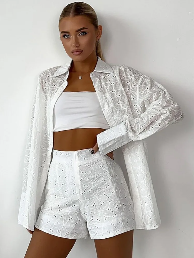 

Women Elegant Jacquard Weave Shorts Vacation Suits Summer Cotton Perspective White Shirts High Waist Shorts 2 Pieces Set Office