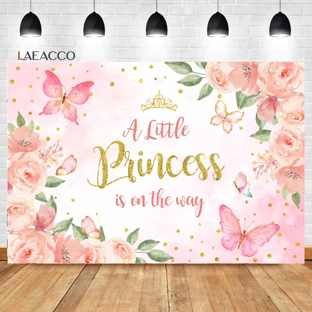 

Laeacco It's a Girl Baby Shower Backdrop Watercolor Pink Floral Butterfly Glitter Dots Princess Portrait Photography Background