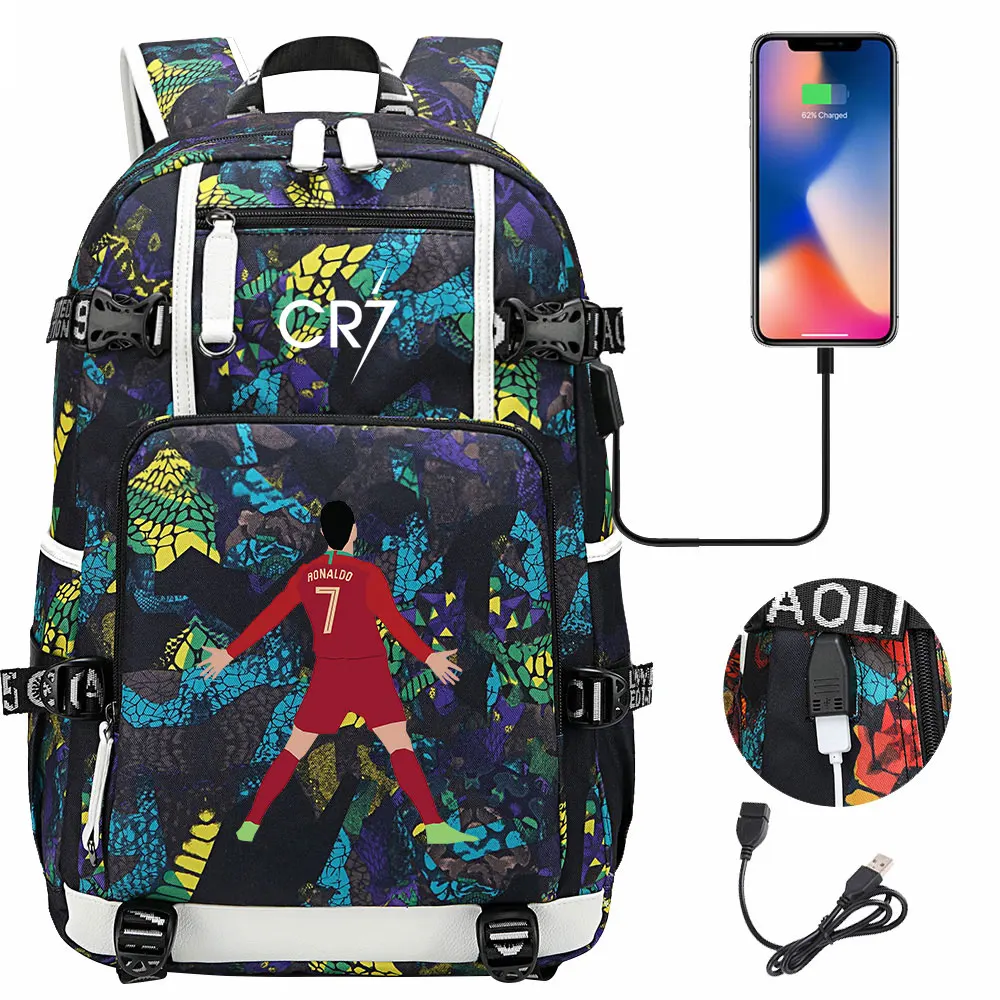 

Football CR7 USB Charging Backpack Ronaldo Schoolbag Travel Notebook Laptop Bags For Teens Students