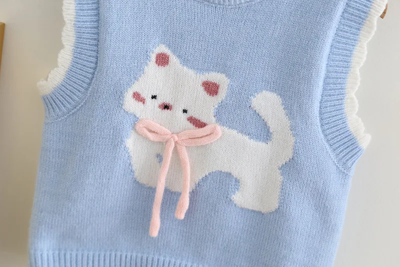 2026 koreanische Trendy Gestrickte Ärmellose Cartoon Katze Stickerei Kinder Mädchen Pullover Weste Feine Stricken Baby Mädchen Sweatshirt Tops Jacke – Detail 9