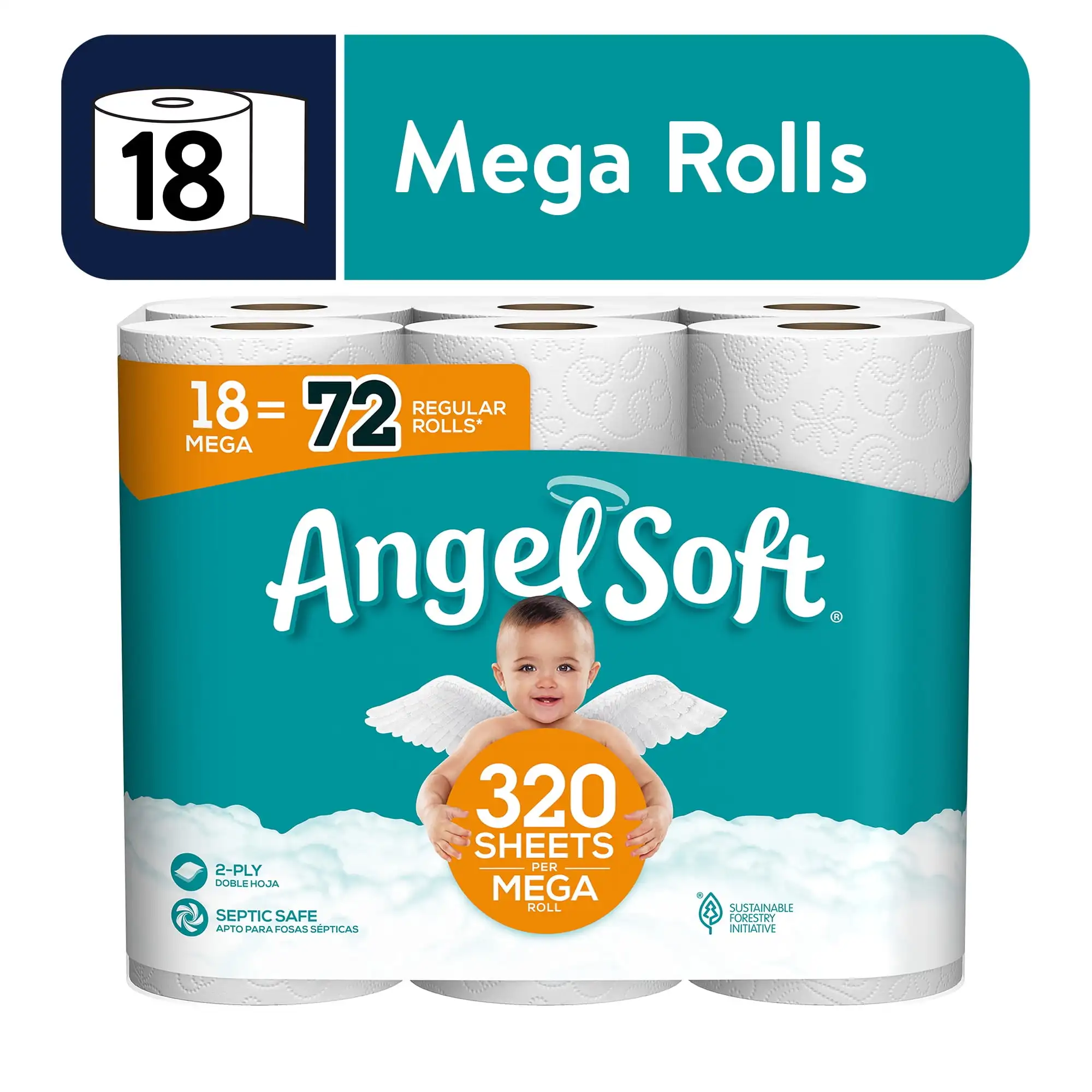 

(4 упаковки) мягкая туалетная бумага Angel, 18 Мега рулонов
