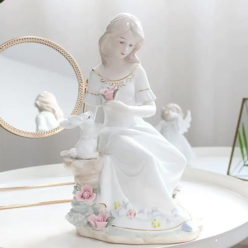 Woman and dog ceramic display porcelain home decor statue wedding gift Ornaments statuette crafts figurine living room study