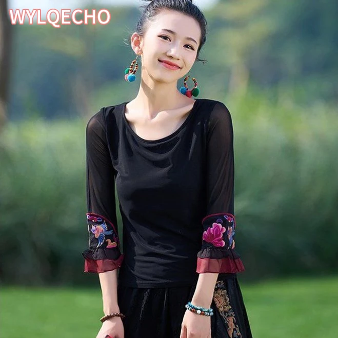 

2024 chinese traditional t-shirt women national flower embroidery o-neck elastic mesh shirt oriental vintage ethnic base shirt