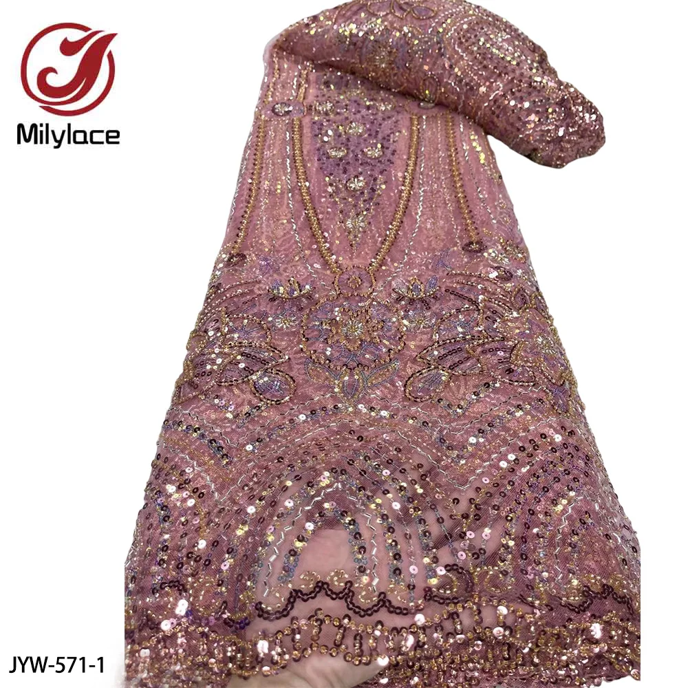 

African Heavy Beaded Lace Fabric 2023 High Quality Nigerian Sequins French Tulle Fabric for Party Dress JYW-571
