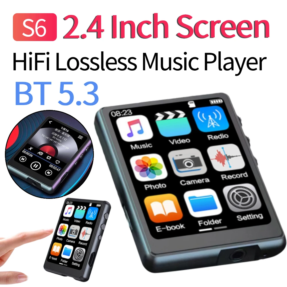 S6 MP4 Player 2.4 Inch Screen Student Walkman Bluetooth-Compatible 5.3 with Microphone Camera Portable MP4 Player Voice Recorder