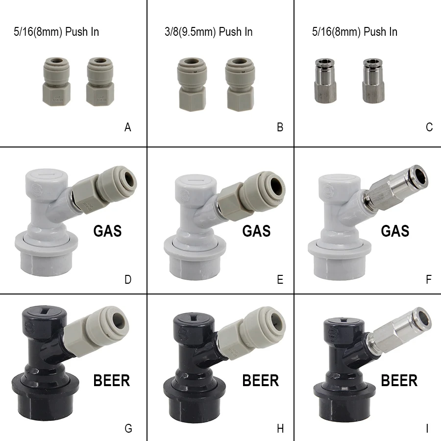 Ball Lock Gas & Beer Keg Disconnect with 8/9.5mm Push In Fitting Homebrew Draft Beer Corny Style Ball Lock Keg Dispenser