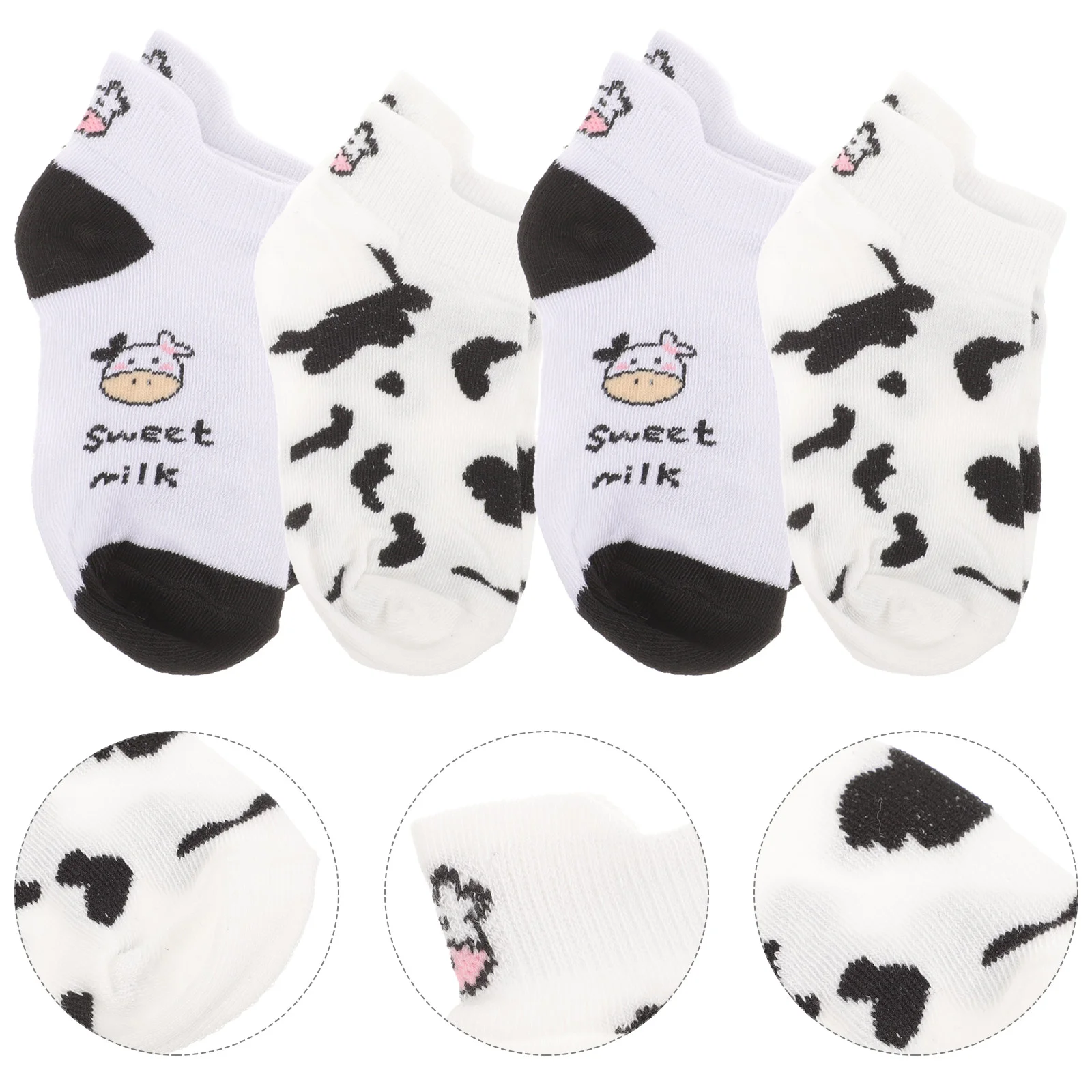 

4 Pairs Cow Socks Black for Women Embroidery Short Pattern Girls Anklet Boat Cotton Adorable Miss