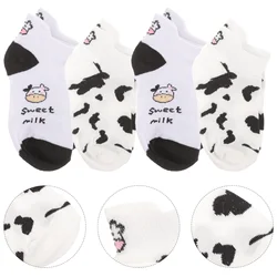 4 Pairs Cow Socks Black for Women Embroidery Short Pattern Girls Anklet Boat Cotton Adorable Miss