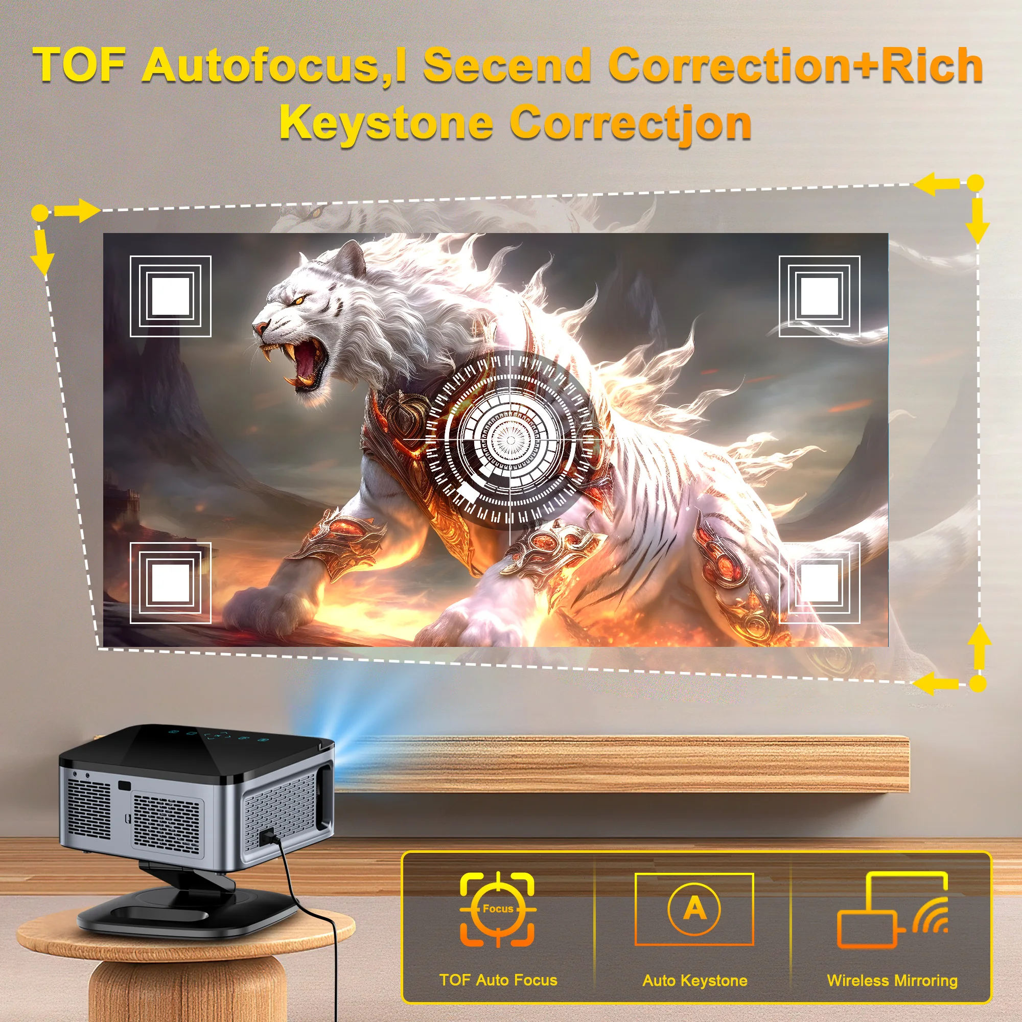 Projetor de Vídeo XIWBSY 45000 Lumens TOF Focus 4K Android 12.0 BT5.3 Full HD 1080P para Home Theater, Jogos e Smart TV a Laser