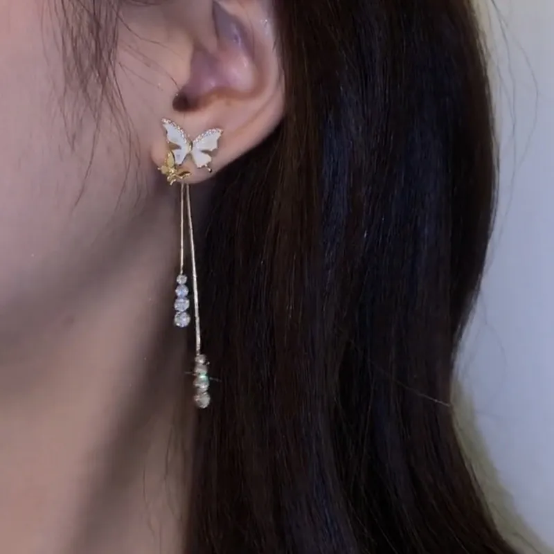 2022 New Zircon Shell Butterfly Tassel Earrings Women\'s Fashion Temperament Long Stud Earrings Wedding Jewelry Birthday Gifts