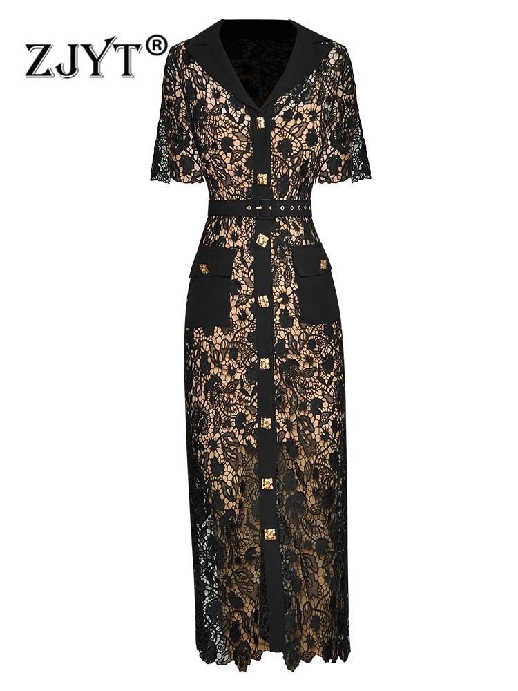 

ZJYT Runway Hollow Out Midi Black Lace Dress Women 2023 Summer Short Sleeve Single Breasted Vestidos Party Sexy Embroidery Robes