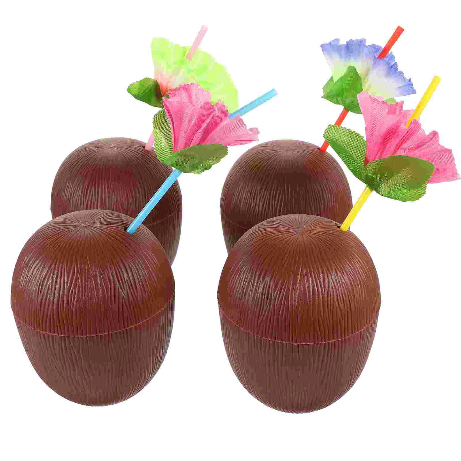 

Hawaiian Coconut Cups Plastic Drinking Party Decor Supplies With Straws Shaped Cocktail Glasses