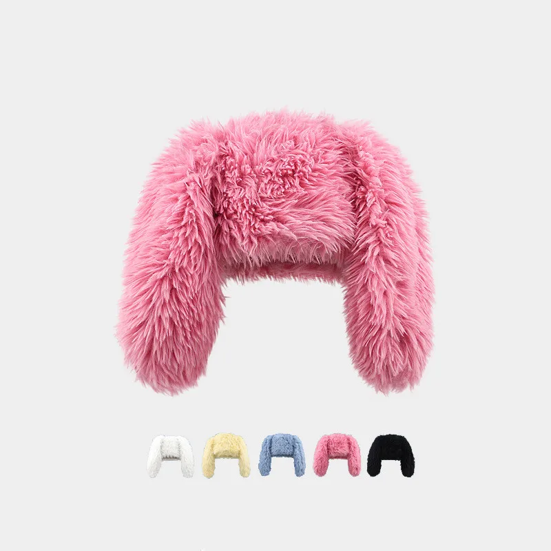 

2023 New Rabbit Ears Beanies Korea Ins Niche Cute Rose Red Plush Pullover Cap Winter Warm Keeping Funny Photography Women's Hats