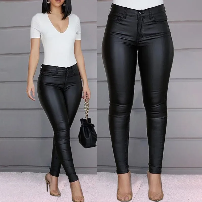

2024 Spliced Women's New jeans Fashion Solid Color PU Leather Pants Sexy Feet Pants Casual Pants women YBF2-3