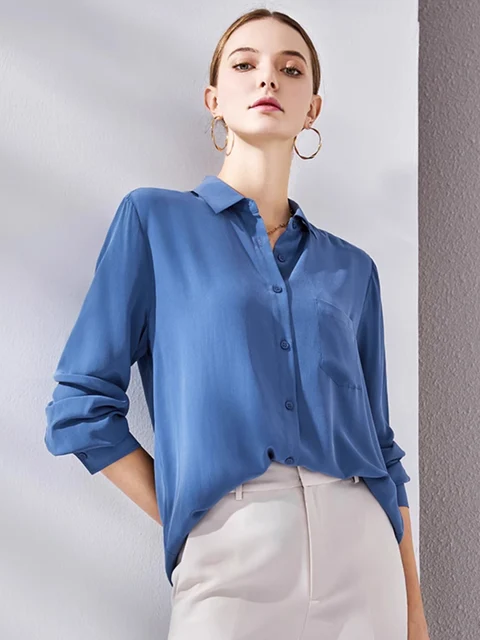 SuyaDream, Woman Solid Shirts, 100%Silk Crepe, Long Sleeved, Chest Pocket Chic Blue Blouses, 2024 Spring Summer Office Lady Top 2