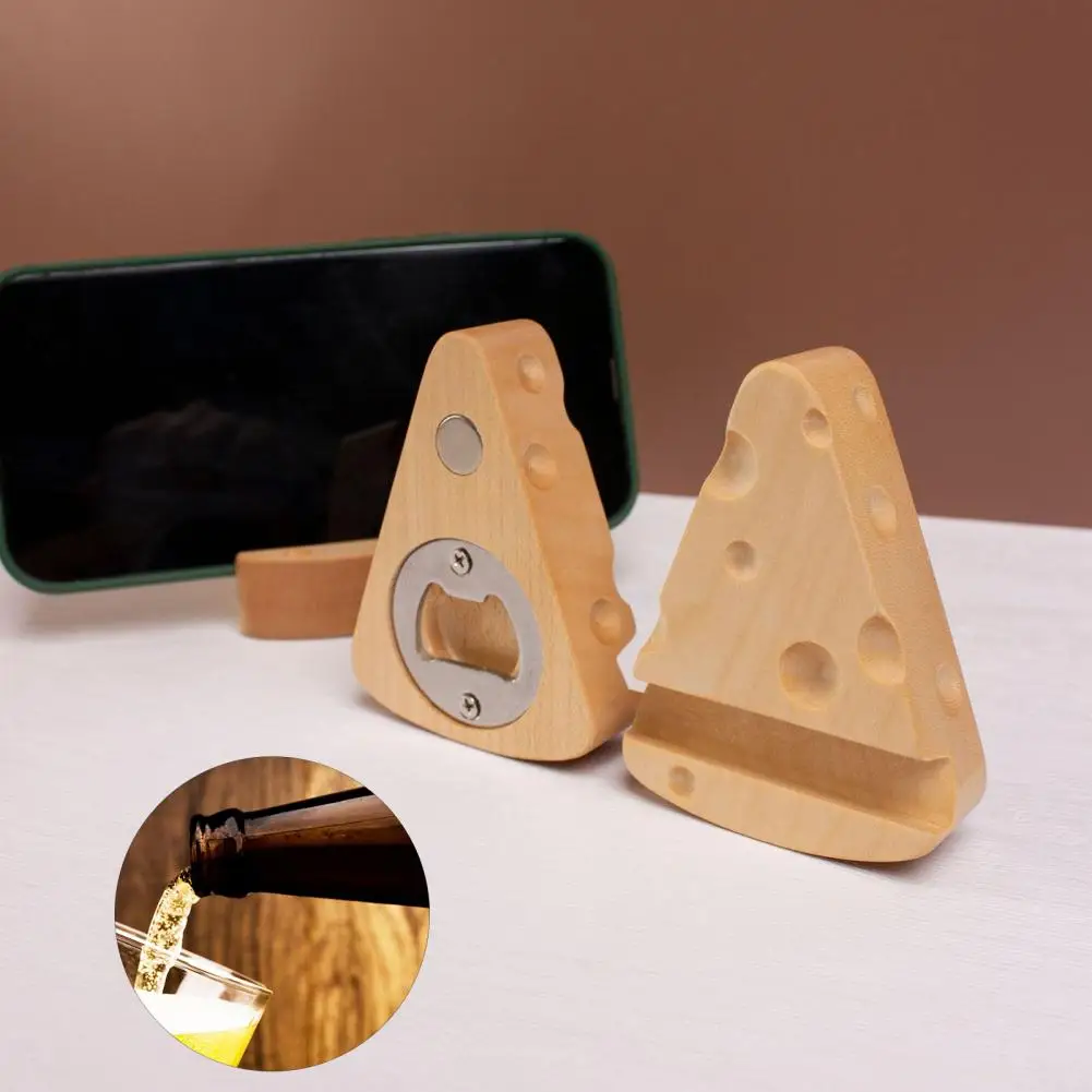 

Small Bottle Opener Multi-functional Wooden Bottle Opener Phone Holder Cute Cheese Shape Portable Magnetic Desktop Cellphone