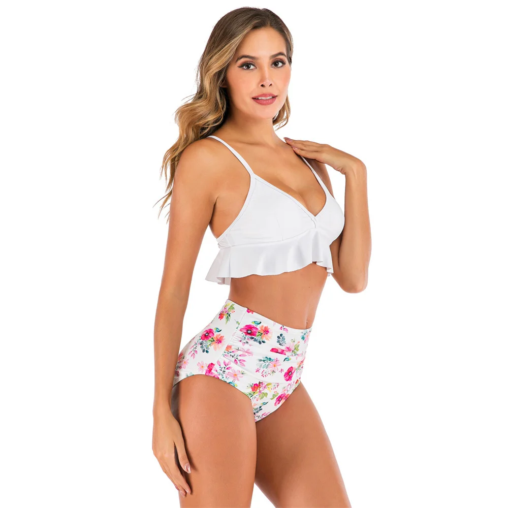 2024 summer fashion new high-waisted printed bikini pleated lotus leaf women's bikini swimsuit